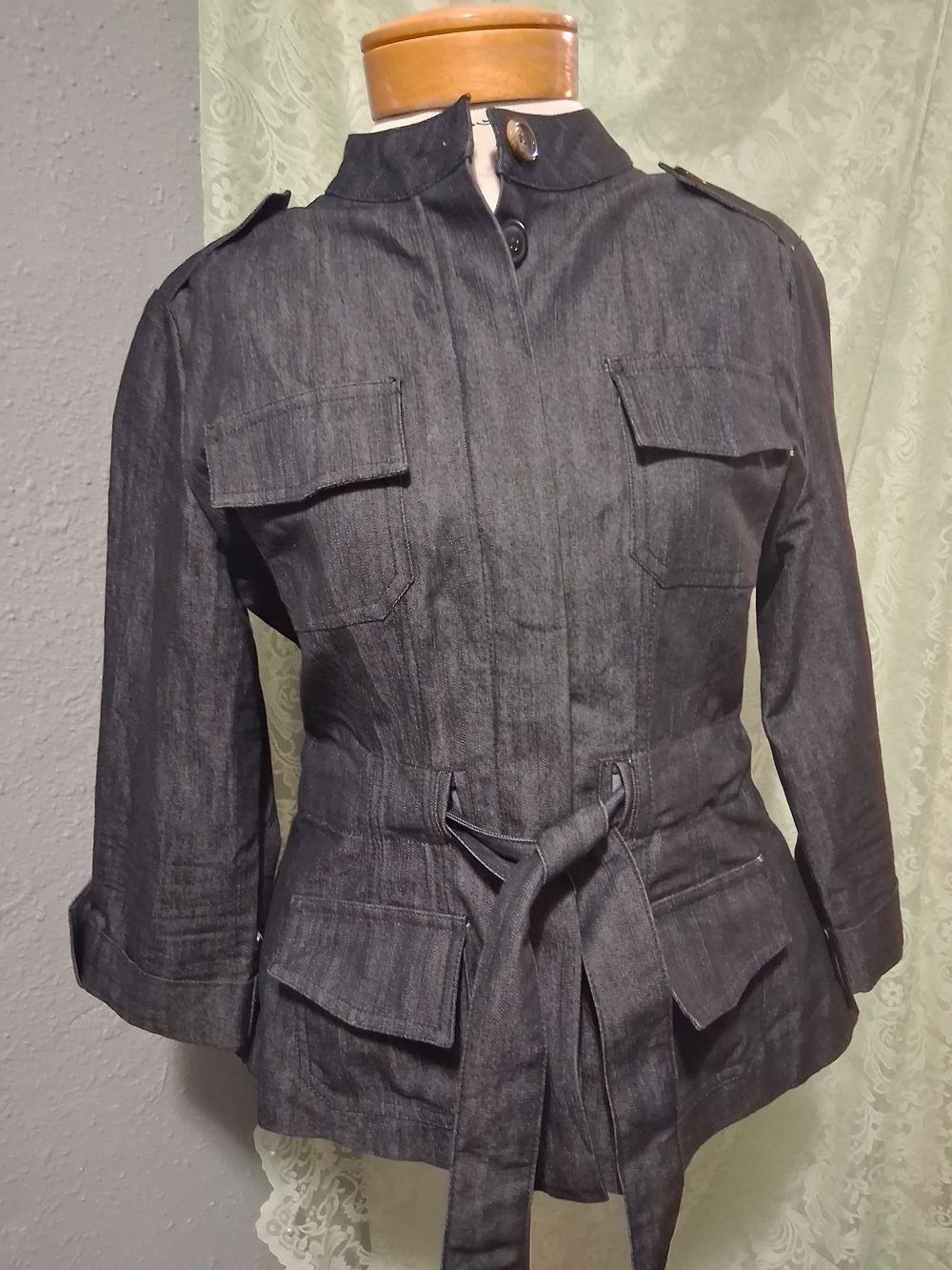 Women's Charcoal Button-Down Utility Shirt Jacket with Waist Tie